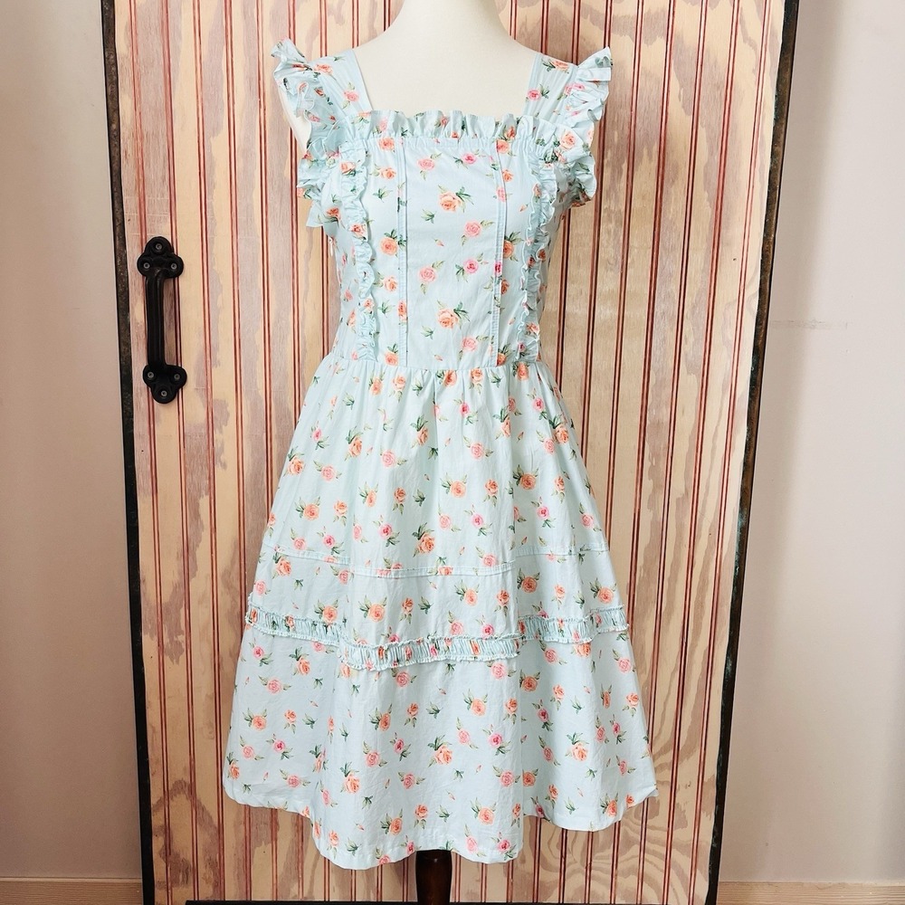 Floral Ruffle Strap Fit & Flare Midi Dress Blue Soft Girl Coastal Cottagecore XS